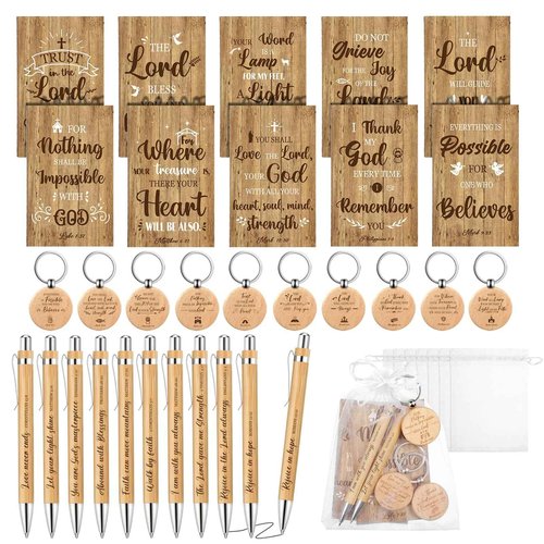 Cholemy 50 Set Bible Verse Gifts Bulk Scripture Mini Notepad Set Christian Bamboo Pens Religious Inspirational Wood Keychains Prayer Notepads Bible Journal Ballpoint Pen Gifts for Office School Church