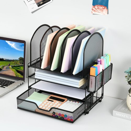 ORDROLL Desk Organizers and Accessories with Drawer, File Organizer with 5 Vertical File Holders and Pen Holders, Office Desk Accessories Workspace Desktop Organizers for Office Supplies (Black)