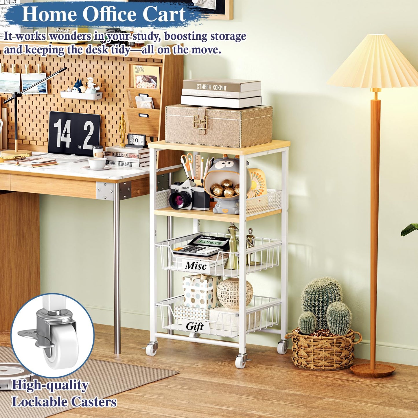 OKZEST 4 Tier Rolling Cart with Drawer Baskets, Metal Utility Storage Cart with Wheels and Wood Top for Living Room, Kitchen, Home Office, Bedroom, Pantry, Baby Essential, Craft, Snack, Makeup, White