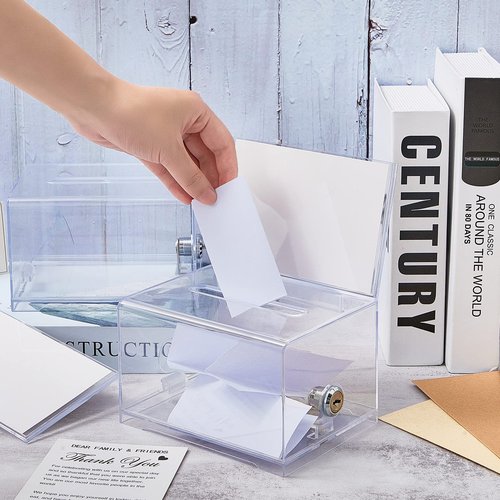 Lewtemi 2 Pack Acrylic Donation Box with Lock and Sign Holder Clear Ballot Box 6.25'' x 4.5'' x 4'' Suggestion Boxes Storage Container with White Cardboard for Fundraising Voting Charity Tip