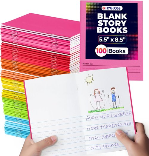 Hygloss Half Blank Books - Creative Writing & Illustration Journals | 100 Pack, 5.5" x 8.5" for Kids K-2