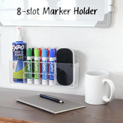 Strong Magnetic Dry Erase Marker Holder for Whiteboard, 8-Slot Acrylic Pen Organizer with Glass and Wall Mount Accessories for Fridge, Office, and Classroom. Markers, Eraser, Cleaner Not Included