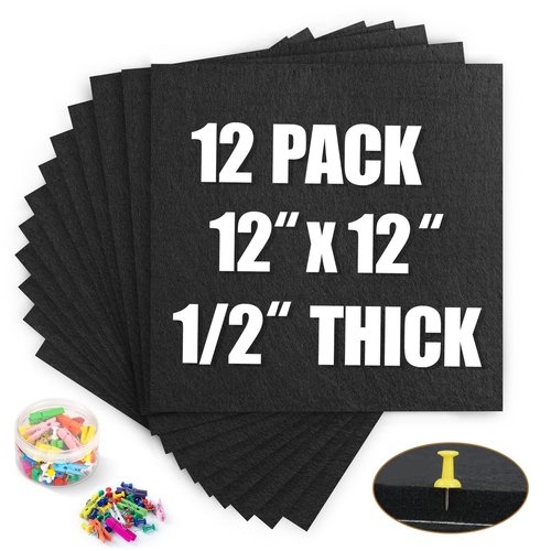AKTOP Black Cork Bulletin Board 12x12, 1/2" Thick Felt Cork Board Tiles 12 Pack, Small Square Pin Board for Wall, Self Adhesive Corkboards with 120 Push Pin Wood Clips for School, Home & Office