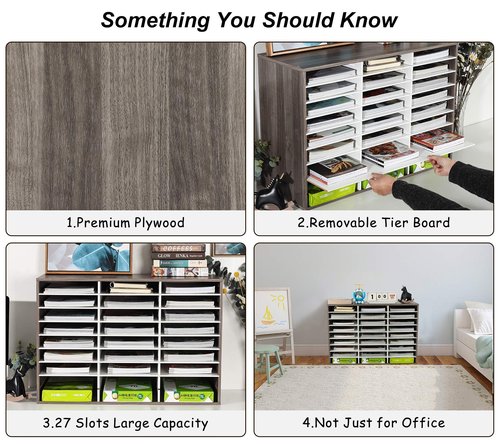 TQVAI Wood Adjustable Literature Organizer Desktop File Sorter Mail Center Paper Storage Cabinet Home & Office Mailbox School Classroom Keepers, 27 Slots Compartments, Retro Grey/White