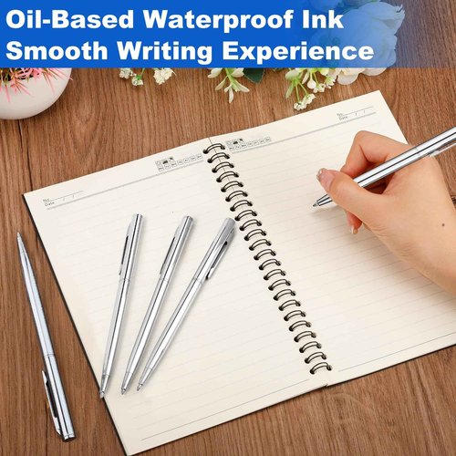 Enjamyo 100 Pcs Ballpoint Pens Bulk,Slim Metal Retractable Ballpoint Pens,1 mm Medium Point Smooth Writing Pen for Wedding Business Teachers Office Supplies,Black Ink (Silver)