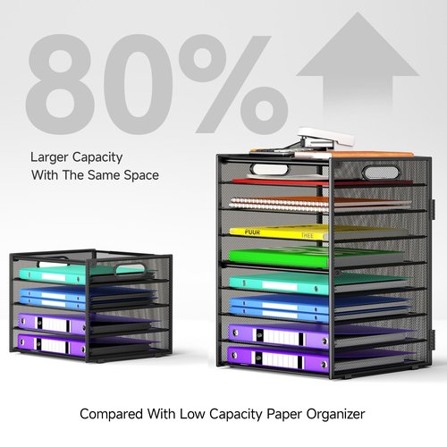 Cawukege 9 Tier Paper Organizer with Handle, Large Capacity Desk Organizer Mesh File Folder Letter Paper Tray Desktop Document Sorter for Classroom, School, and Office Accessories Organization- Black
