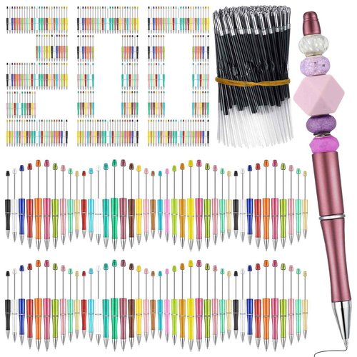 Kosiz 200 Pieces Plastic Beadable Pen Bulk Black Ink Plastic Beaded Ballpoint Pens with 200 Refills for Christmas DIY Making Gift Presents Office Supplies(Mixed Colors)