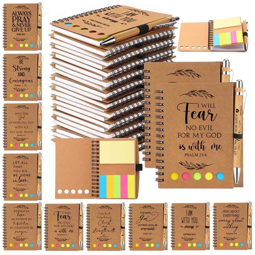 Kosiz 140 Pcs/ 70 Set Christian Gifts Bulk Notebook Bible Verse Pen Religious Spiral Notebook with Sticky Notes Appreciation Gifts for Church Grandparents Pastor Clergy Sunday Shool Teacher (Kraft)
