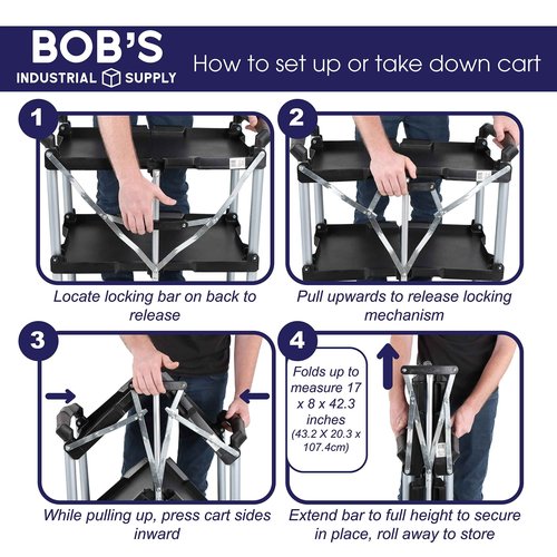 BISupply Rolling Carts with Wheels - 3 Tier Folding Push Utility Cart for Office, Restaurant, Warehouse, and Home