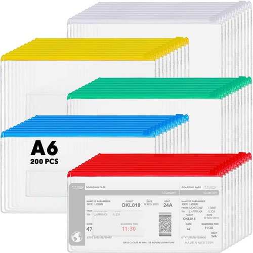 Zhehao 200 Pcs 200 Pcs Poly Zip Envelopes Bulk, A6 Size Clear Plastic Pencil Pouch with Label Zipper, 9.2 x 4.7 Inch Reusable Bill File Bag for Cash, Money, Christmas OCC Shoeboxes Gifts (Multicolor)