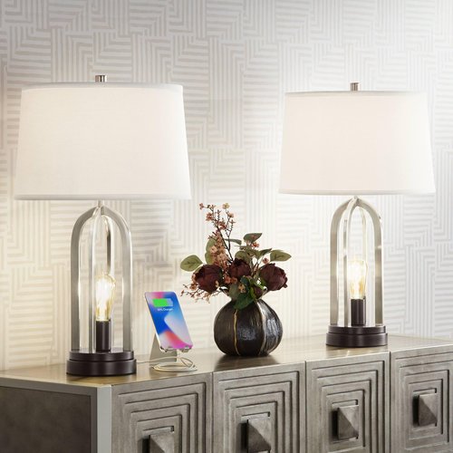 360 Lighting Marcel Modern Table Lamps 24 1/4" Tall Set of 2 with LED Nightlight USB Port Brushed Nickel Metal White Drum Shade for Bedroom Living Room House Desk Bedside Nightstand Office