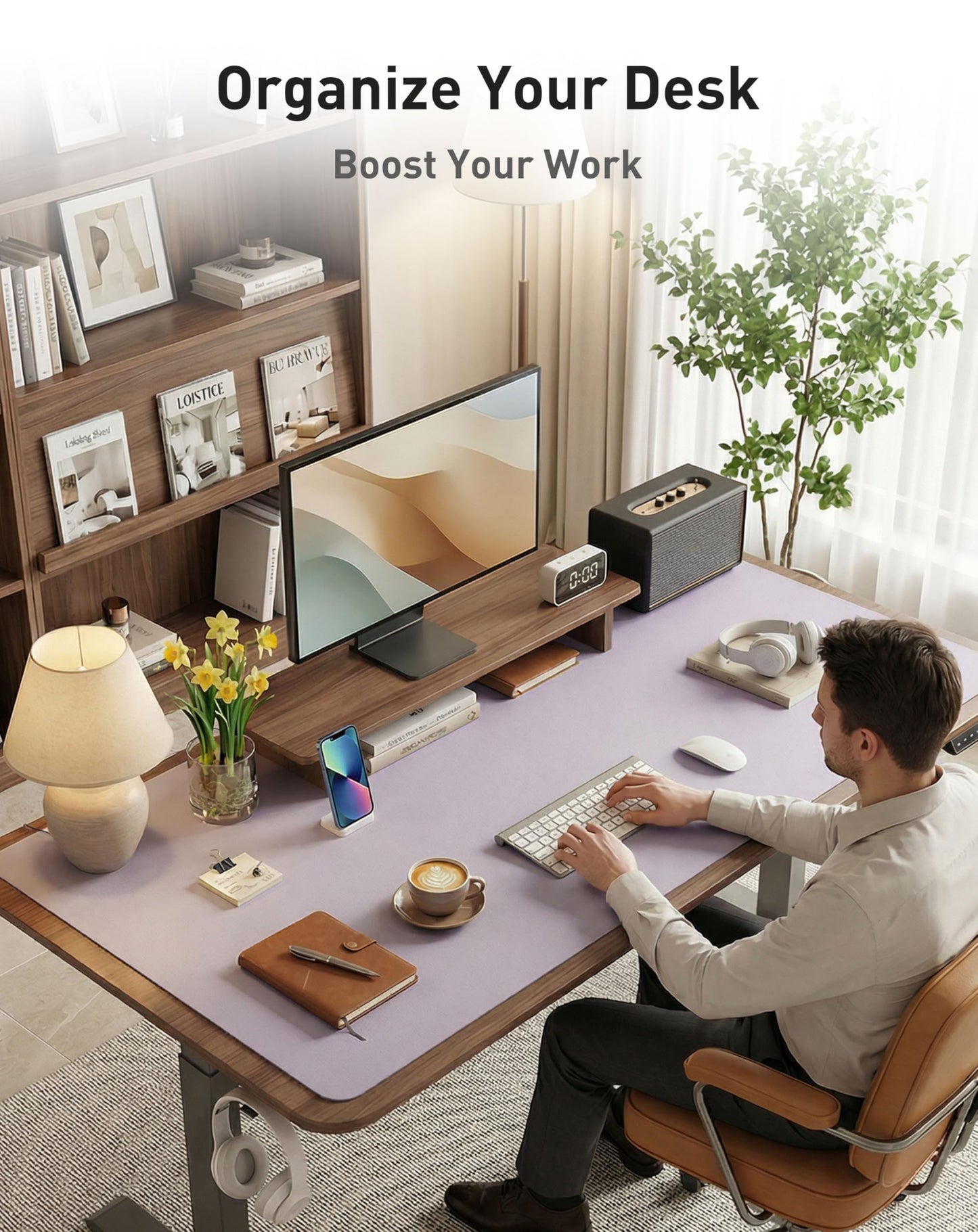 Aothia Faux Leather Desk Mat - Large Mouse Pad, Non-Slip PU Leather Blotter, Waterproof Writing Surface for Office and Home (Smoky Lavender, 42" x 17")