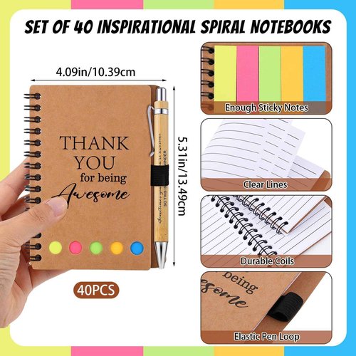40 Sets Employee Appreciation Gifts Spiral Notebooks with Sticky Notes Notepads Thank You Journals Inspirational Bamboo Ballpoint Pens Bulk Christmas Gift for Nurse Teacher Coworker