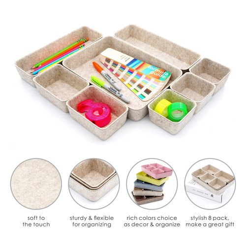 Welaxy 8-piece Nordic Beige desk drawer organizer tray office suppliers pens decluttering aesthetic wabi-sabi Scandinavian-chic storage bin hygge sleek minimalist back to school (Oatmeal)
