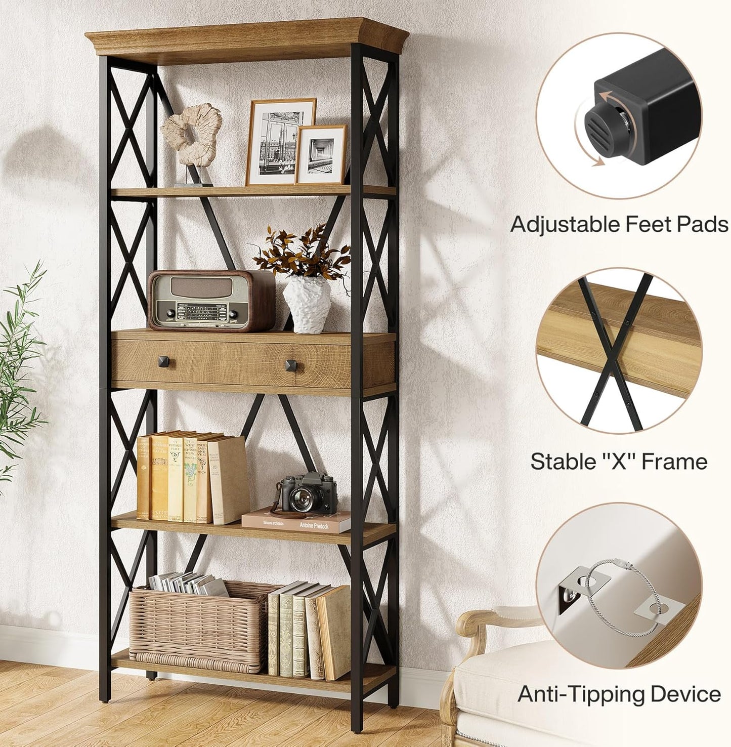 Tribesigns Industrial Bookshelf - 70.9" Tall Bookcase with Drawers & Open Shelves | Rustic Brown Finish