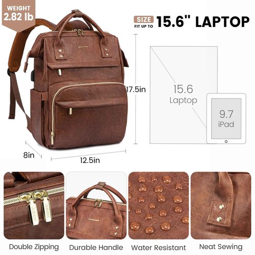 LOVEVOOK Leather Laptop Backpack for Women 17 inch, Travel Backpack Purse, Professional College Business Work Bag with USB Port, Red Brown