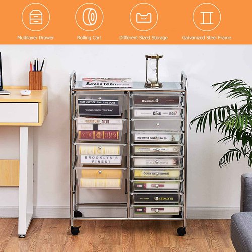 FANTASK 15 Drawers Rolling Storage Cart, Multipurpose Mobile Rolling Drawers Craft Organization w/Drawers & Wheels, Utility Storage Organizer Carts for Scrapbook Paper Supply Kids School Office Home