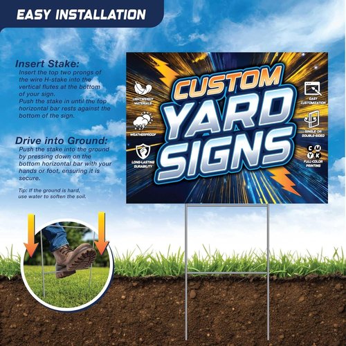 SignsDirect Custom 24x18 Yard Signs - UV Ink Printed, Waterproof, Full Color | 6-Pack with Optional H-Frame Stakes