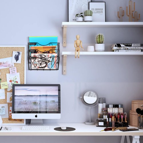 Karsbarwe 3 Tier Wall File Holder Organizer, Hanging File Organizer, Magazine Rack, Wall Mount Paper Folder Holder, with 5 Key Holder Hooks,Metal, Black