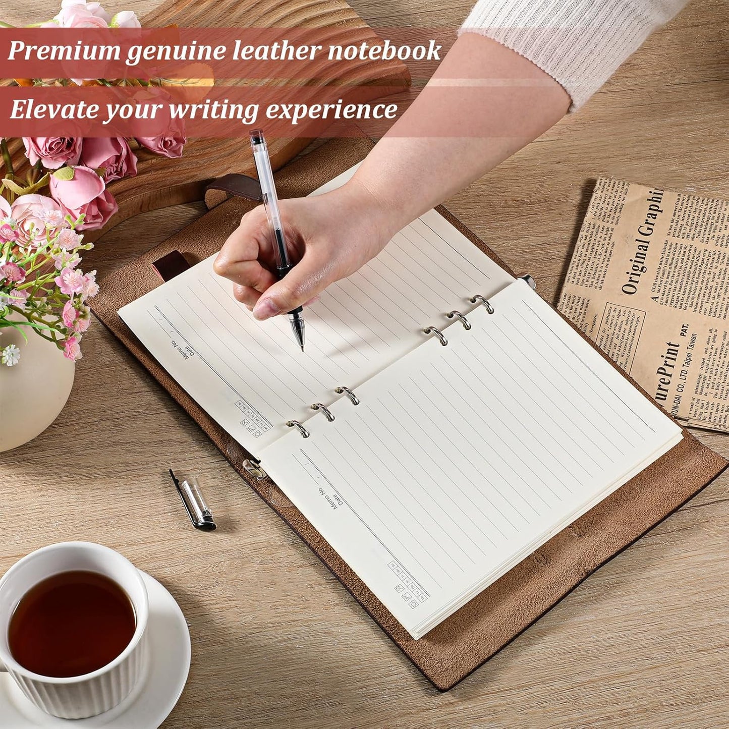 Skiennix Refillable A5 Leather Binder Notebook - Genuine Leather Journal with 6 Rings, Pocket & Card Slots