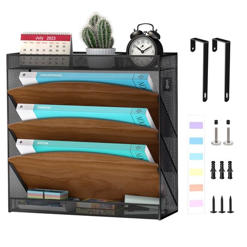 Aimeaihe Wall File Organizer, Wood Wall File Holder, 5 Tier Vertical Hanging Wall File Organizer, 3 Pockets Wall Mount File Holder with Top and Bottom Flat Tray for Office School Home, Black