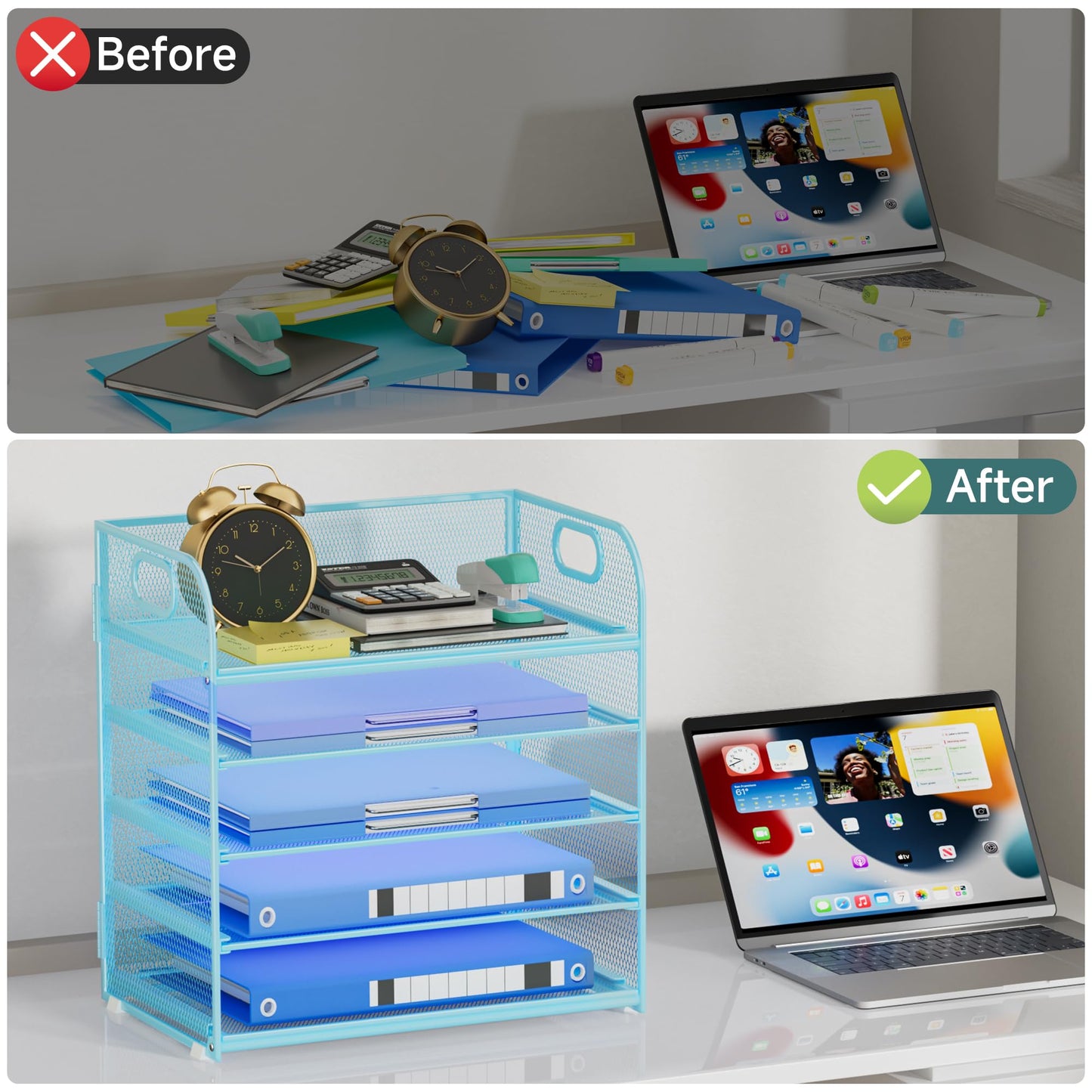 Kinkota Paper Organizer Letter Tray with Handle Mesh 5-Tier Stackable Desk Organizer for Files/Paper/Office Supplies, Sturdy Carbon Steel Desk Organizer for Home Office & Classroom