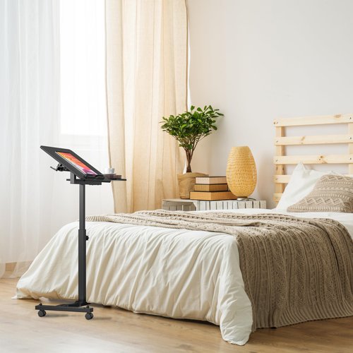 SHW 28.75" to 40.5" Height Adjustable Rolling Laptop Cart with Tilting Desktop and Side Shelf, Black