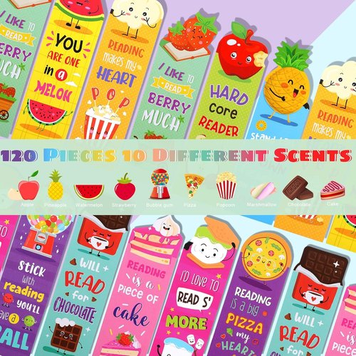 Eersida Scratch and Sniff Scented Bookmarks - 120 Assorted Fruit & Food Themes for Kids & Teens