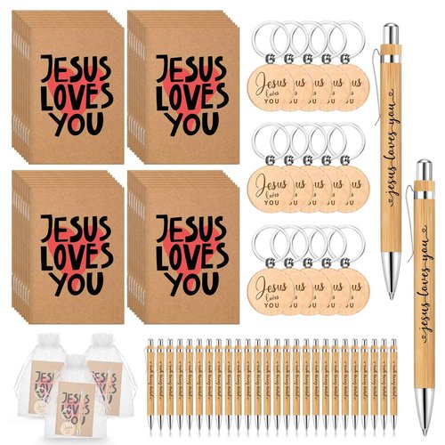 Tenceur 50 Sets Christian Gifts for Church Bulk Include Jesus Loves You Sign Inspirational Prayer Notepad Bible Verse Bamboo Pen Religious Keychain with Organza Bags for Christmas Sunday School