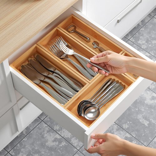 HUCINIUN Bamboo Drawer Organizer Set, 5 PCS Wooden Storage Trays for Kitchen, Bathroom, Office, Makeup