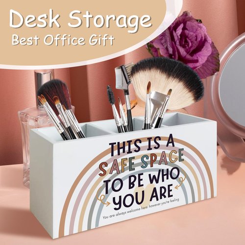 YTRGI Boho Rainbow Safe Space Mental Health Pen Pencil Holder for School Counselor Office Classroom Desk, Inspirational Pen Pencil Holder Organizer for Therapy Kids Room, Inspirational Office Decor