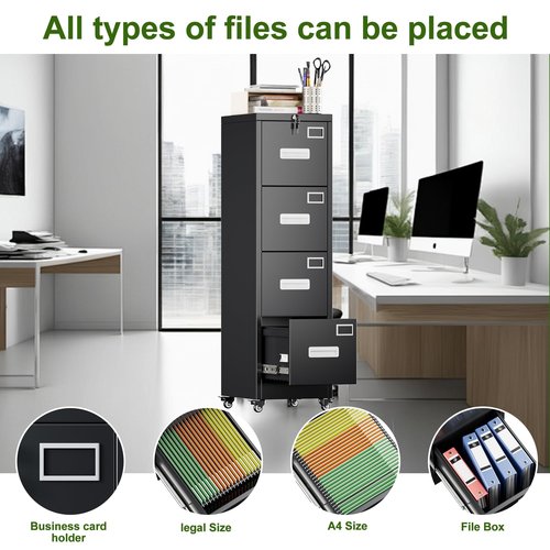 Aobabo File Cabinet 4 Drawer with Wheels, Lockable Office Metal Filing Cabinet with Name Card for Office and Home,Assembly Required,Black
