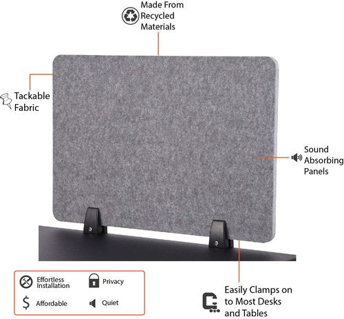 Stand Up Desk Store ReFocus Raw Clamp-On Acoustic Desk Divider Mounted Privacy Panel to Reduce Noise and Visual Distractions (Castle Gray, 23.6" x 16")