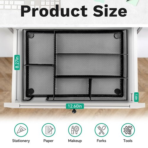 Desk Drawer Organizer Tray Versatile Metal Mesh Desk Organizers and Accessories for Office Supplies, School, Home, 12.60 x 8.66 x 1.77 Inches