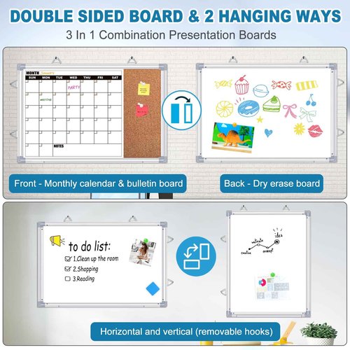 YUYIUS Calendar Whiteboard for Wall, 24" x 18" Double Sided Monthly Dry Erase Board Calendar for Office, Home, School, Hanging Cork Board White Board Combo, Portable Magnetic Dry Erase Planner Board