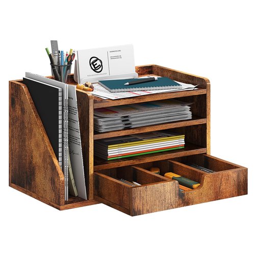 NiOffice Wood Desk File Organizer with Side File Rack, Space-Efficient Design Easy to Assemble for Efficient Office Setup, Reduces Desk Clutter (Brown)