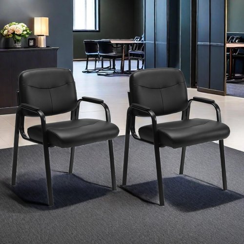 GlasFlength Waiting Room Chairs, Leather Reception Conference Room Chairs with Padded Armrests, Comfy Thickened Cushion Office Guest Chair for Lobby Meeting Home, Set of 2-Black A