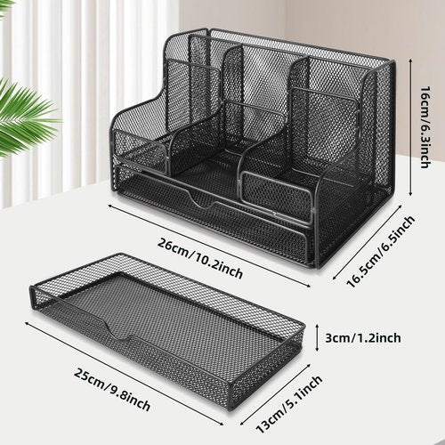 Essovee Black Mesh Desk Organizer Caddy and Accessories with 7 Compartments, Mesh Multifunctional Desktop Accessories Organizers Office Supplies Desktop Organizer for Home, Office