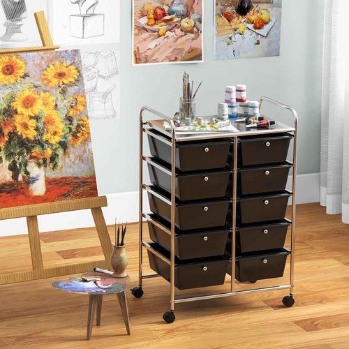HOMGX Rolling Cart with 10 Drawers, 10 Tiers Multicolor Trolley, Drawer Bin Carts with 2 Lockable Wheels, Adjustable File & Debris Organizer Cart, Rolling Storage Cart for Office, School, Home