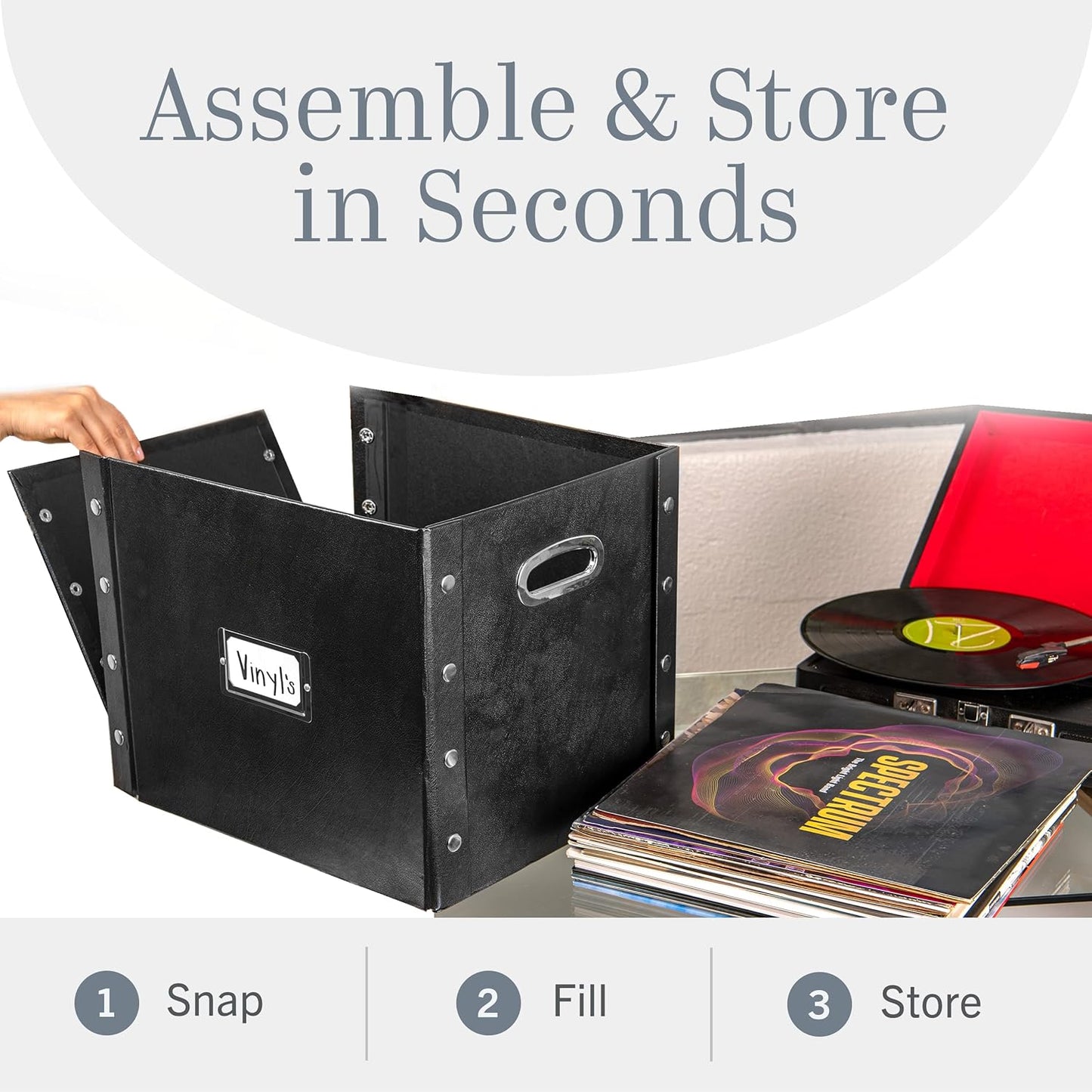 Vinyl Record Storage Box - 12-Inch Capacity | Holds Up to 75 Albums - Black