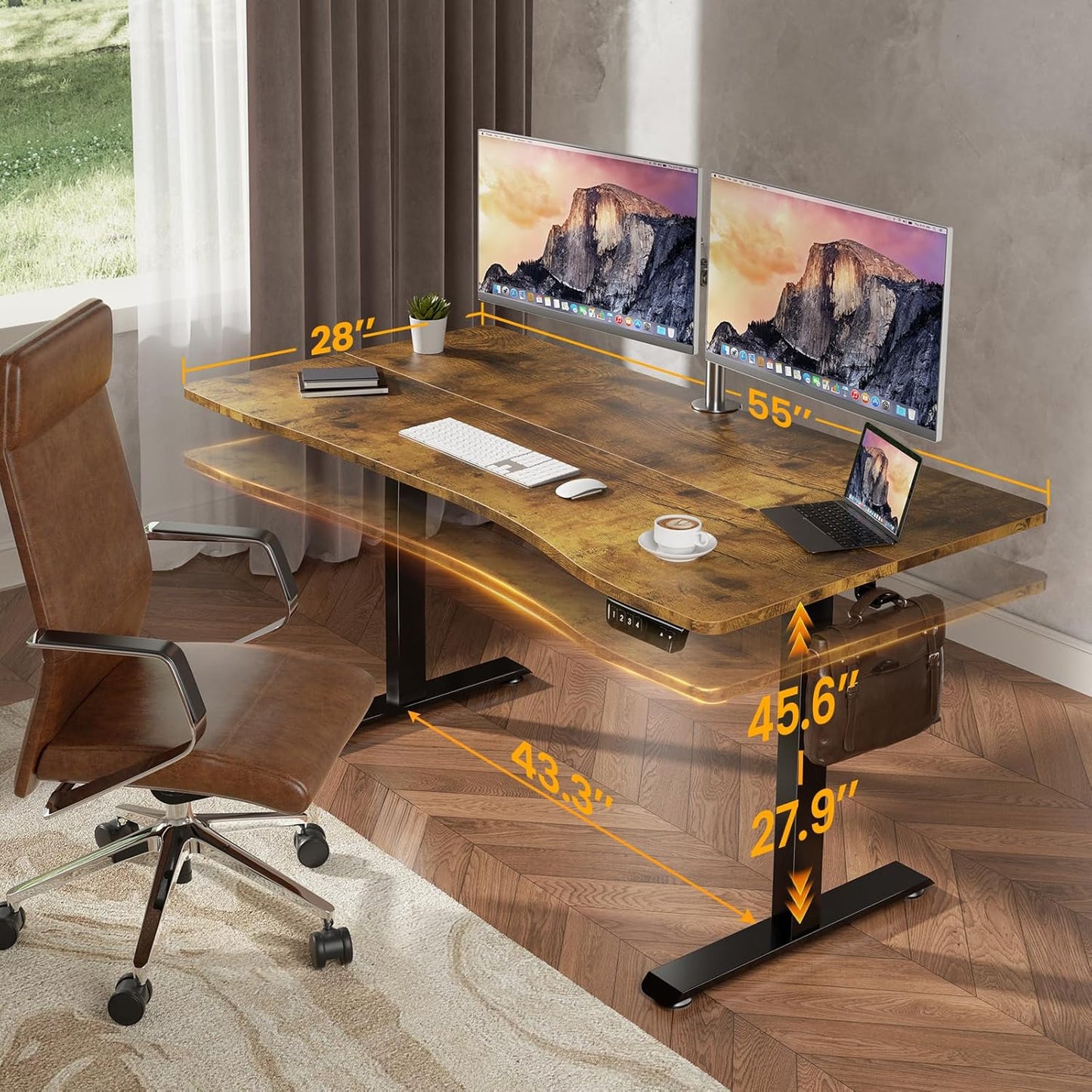Veken Electric Standing Desk - 55 x 28 Inch Adjustable Height Home Office Table | Brown Wooden Finish