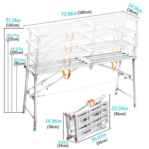 JUKJNB Work Platform 100cm & 180cm - Modern Silver Steel Step Stool for Adults - Foldable