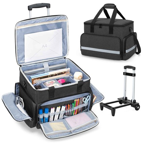 CURMIO Rolling Teacher Tote Bag with Wheels, Teaching Work Bag with Padded Sleeve for up to 14” Laptop for Teaching, Office, Black(Bag Only)