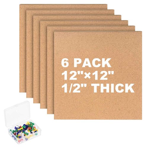 PATIKIL Cork Board Tiles, 6 Pack 12" x 12" Cork Board Bulletin Board, 1/2" Thick, Small Square Pin Board with Self Adhesive, 50 Push Pin Wood Clips for Wall, Home & Office