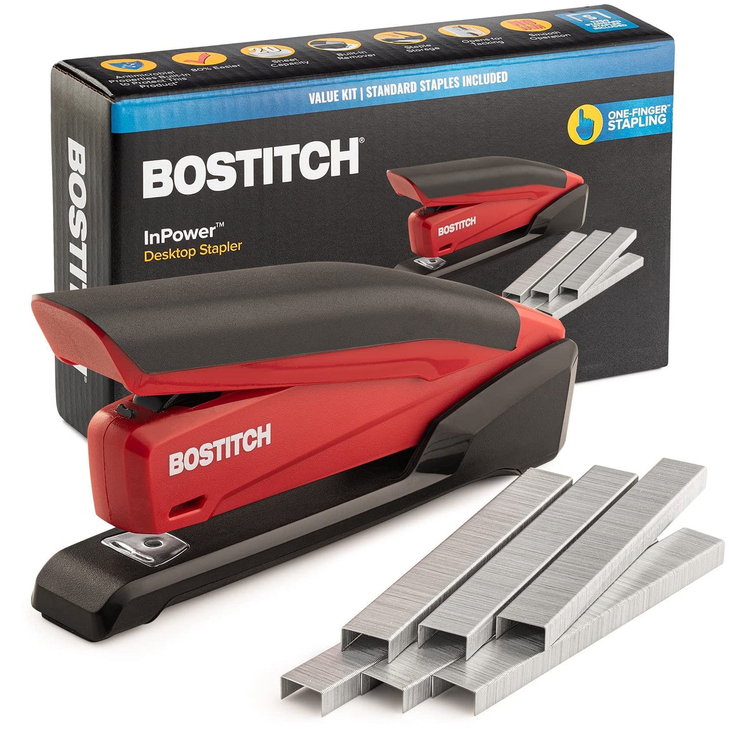 Bostitch Stapler - InPower, One Touch Heavy Duty Red Office Stapler with Built-in Staple Remover, 20 Sheet Capacity, 1260 Staples Included