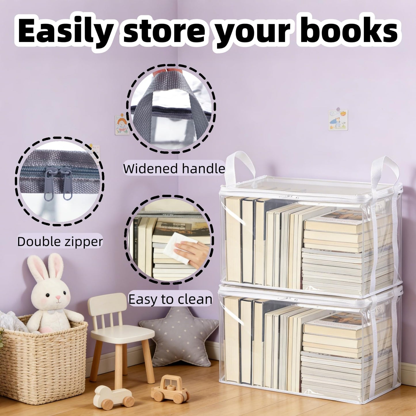 2-Pack Large Clear Book Storage Bags - Waterproof Plastic Comic Book Bin with Carrying Handles - Portable Book Display Case & Closet Organizer for Used Books, DVDs and Magazines - 15" x 9.5" x 12.5"