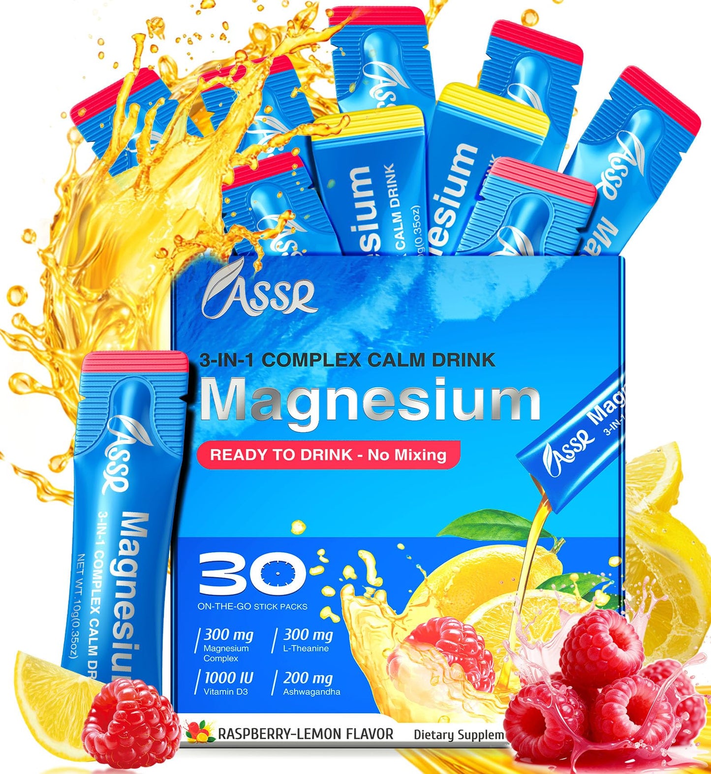 ASSR Calm Magnesium Glycinate Drink for Sleep Aid & Relaxation, Triple Magnesium Complex with KSM-66 Ashwagandha L-Theanine Vitamin D Balance Cortisol, Mood & Stress, No Sugar, Ready to Drink, 30ct