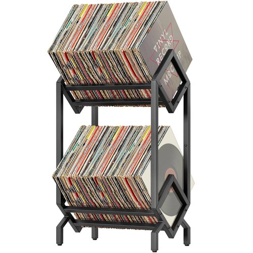 DZMDZM Vinyl Record Storage Rack, 2 Tier LP Storage Shelf, Metal Record Holder for Albums, Magazine Display, Book and Files Organizer, 2 Tier Vinyl Record Stand with Matte Black