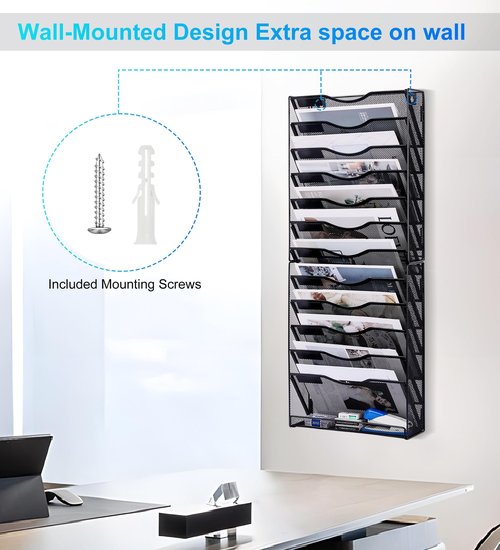 Solinxe 12-Tier Wall File Organizer, Mesh Mail Organizer Wall Mounted Paper Document Holder, Vertical Magazine Rack, Metal Hanging Clipboard Storage Basket for Office Home School Organization, Black