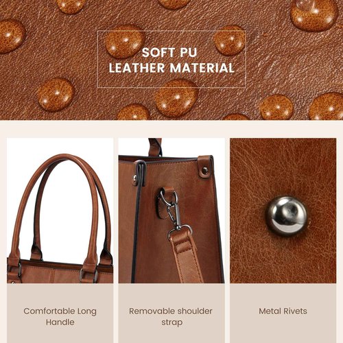 LOVEVOOK Laptop Tote Bag for Women, 17.3 Inch Large Capacity Vintage Leather Work Computer Bag, Business Casual Shoulder Handbag, Dark Brown